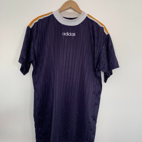 Adidas L - Navy w mustard 3 stripe - crew neck T Shirt - Picture 2 of 7